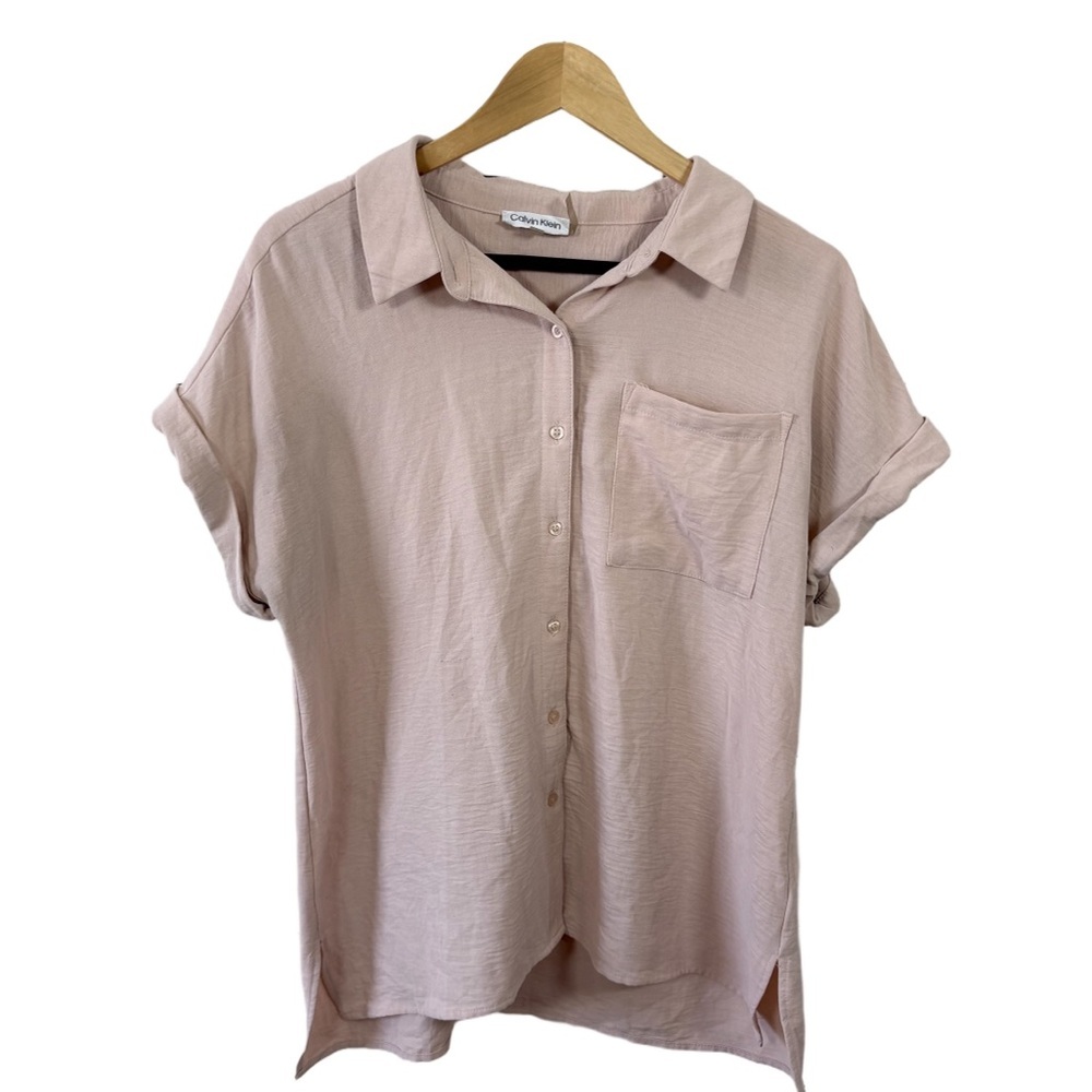 Calvin Klein Blush Pink Button Front Short Sleeve Blouse Size M
